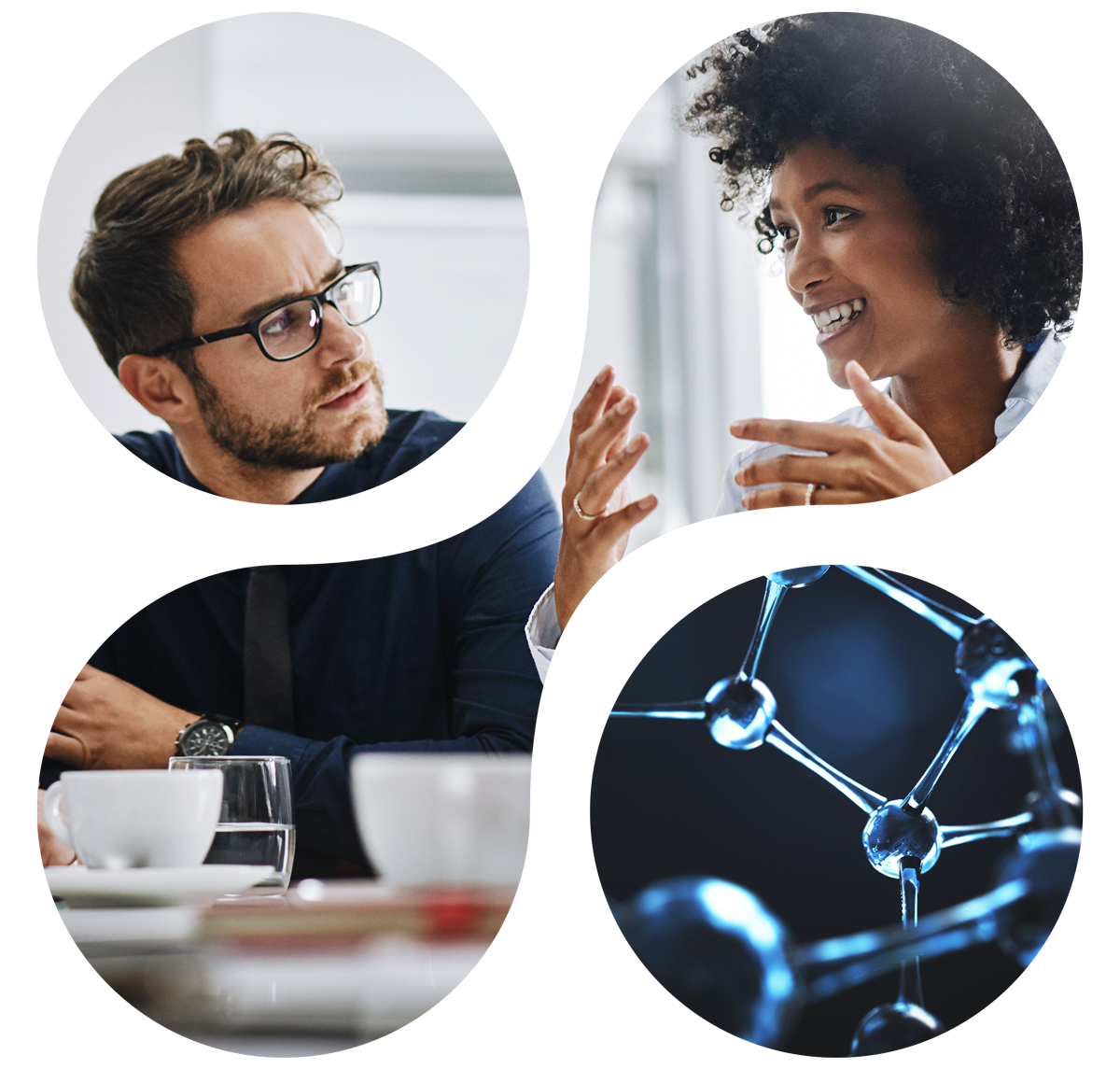 Circular graphics showing an image of 2 people