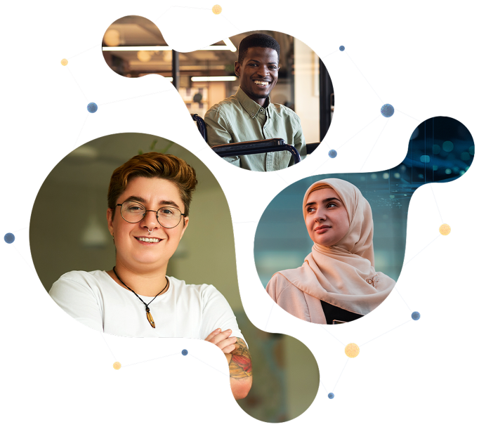 Circular graphics showing 3 images of people